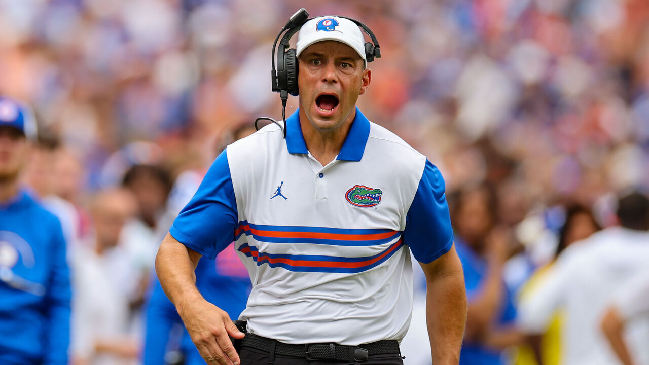 GAINESVILLE, FL - OCTOBER 10: Jon Sumrall of the Florida Gators yells/ during the game between the Florida Gators and the South Carolina Gamecocks on October 10, 2026 at Steve Spurrier-Florida Field at Ben Hill Griffin Stadium in Gainesville, Fl.