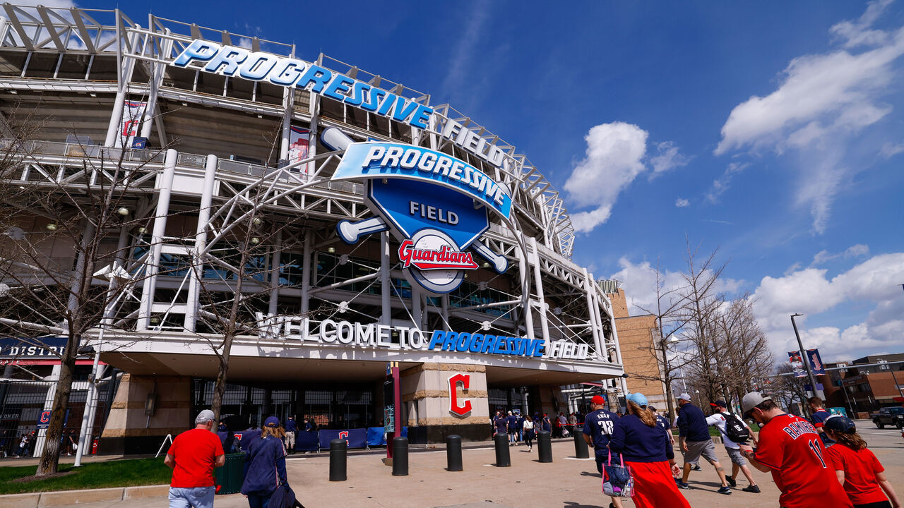 CLEVELAND, OH - APRIL 03: A general exterior view of Progressive Field as fans enter the stadium prior to the game between the Chicago Cubs and the Cleveland Guardians on Friday, April 3, 2026 in Cleveland, Ohio.