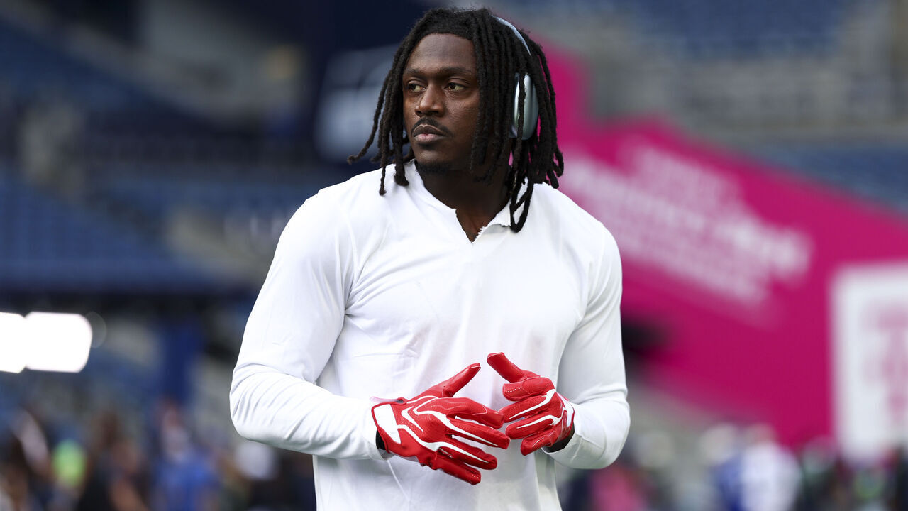 SEATTLE, WASHINGTON - SEPTEMBER 9: A.J. Brown #1 of the New England Patriots warms up prior to an NFL football game against the Seattle Seahawks at Lumen Field on September 9, 2026 in Seattle, Washington.
