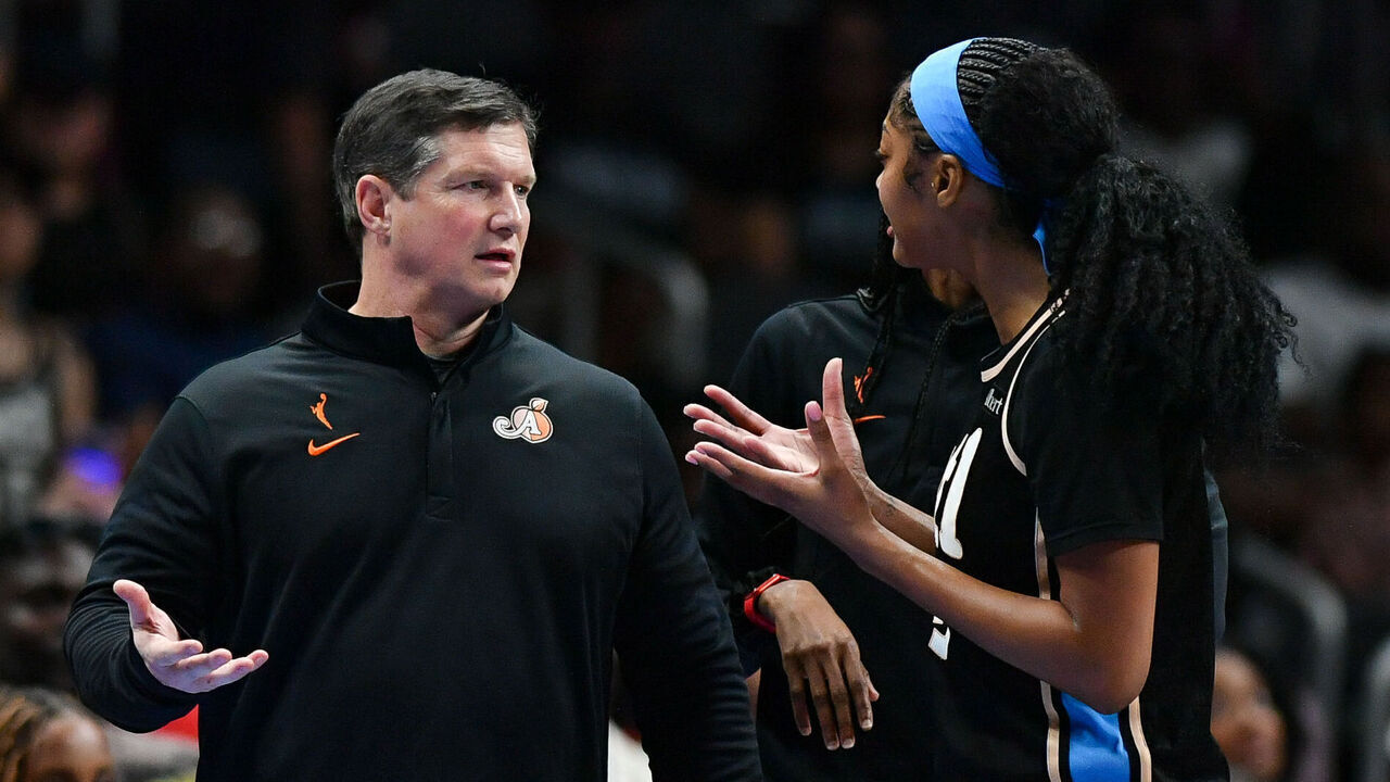 ATLANTA, GA - JUNE 22: Atlanta head coach Karl Smesko talks with forward Angel Reese (5) during the WNBA game between the Toronto Tempo and the Atlanta Dream on June 22nd, 2026 at State Farm Arena in Atlanta, GA.