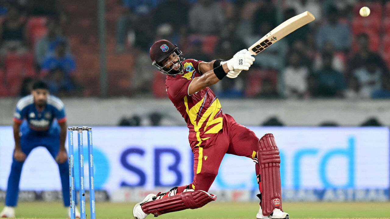 West Indies' captain Shai Hope plays a shot during the fourth T20 international cricket match between India and West Indies at the Rajiv Gandhi International Stadium in Hyderabad on October 14, 2026. / -- IMAGE RESTRICTED TO EDITORIAL USE - STRICTLY NO COMMERCIAL USE --