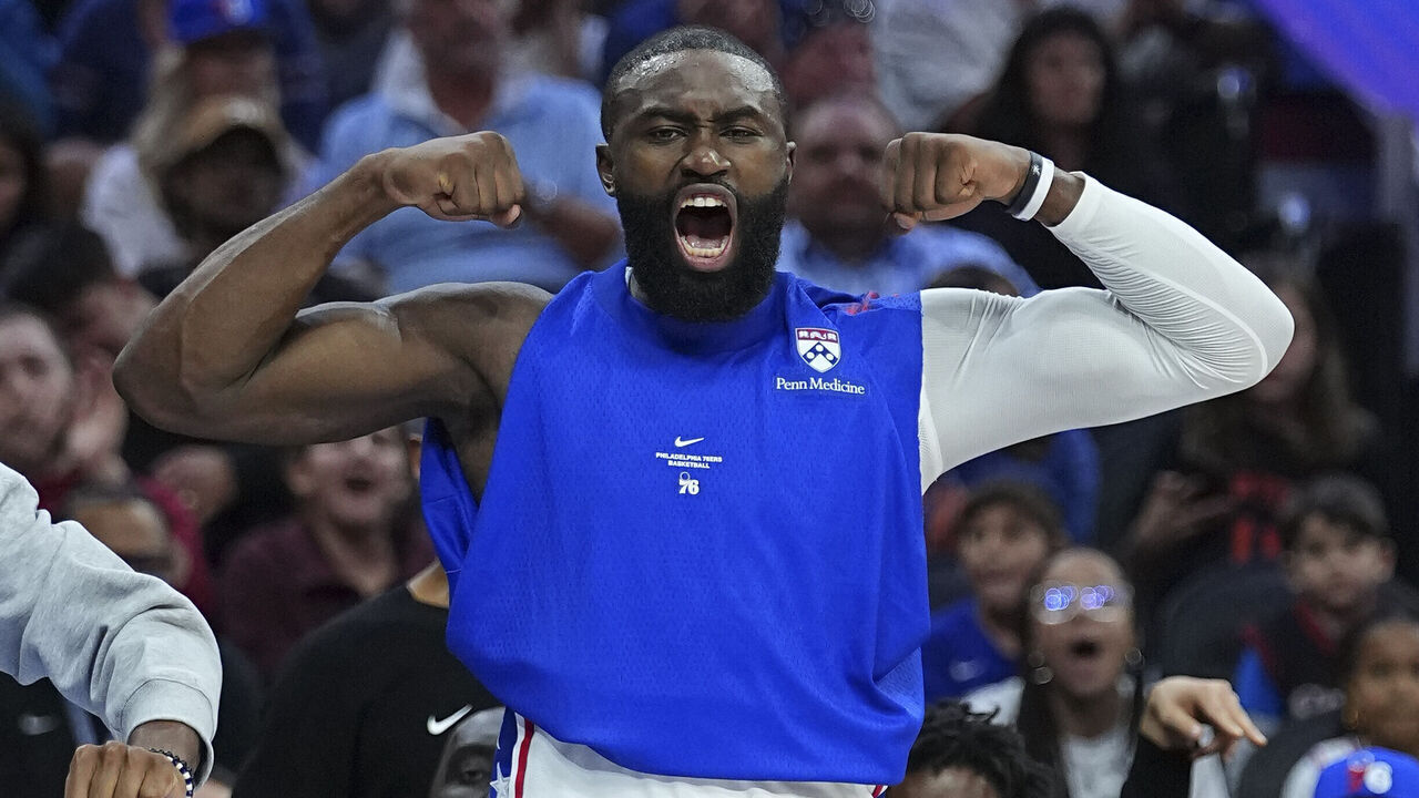 PHILADELPHIA, PENNSYLVANIA - OCTOBER 5: Jaylen Brown #7 of the Philadelphia 76ers reacts against the New York Knicks during a preseason game at Xfinity Mobile Arena on October 5, 2026 in Philadelphia, Pennsylvania. The 76ers defeated the Knicks 120-97.