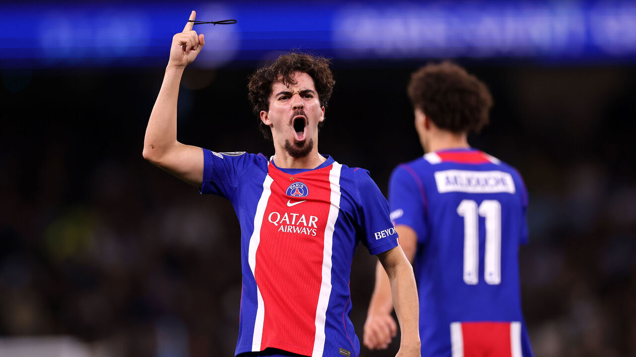 MANCHESTER, ENGLAND - OCTOBER 14: Vitinha of Paris Saint-Germain celebrates scoring his team’s third goal during the UEFA Champions League 2026/27 League Phase MD2 match between Manchester City and Paris Saint-Germain at City of Manchester Stadium on October 14, 2026 in Manchester, England.