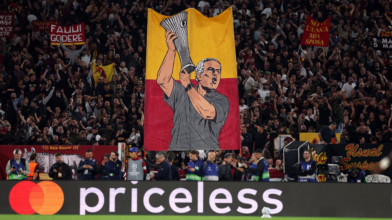 ROME, ITALY - OCTOBER 14: AS Roma fans with a banner of Jose Mourinho, Head Coach of Real Madrid, on before the UEFA Champions League 2026/27 League Phase MD2 match between AS Roma and Real Madrid C.F. at Stadio Olimpico on October 14, 2026 in Rome, Italy.