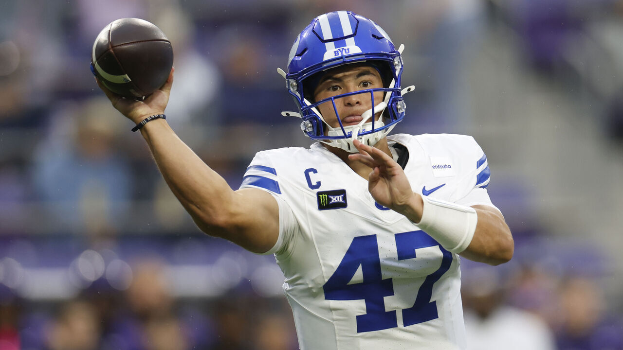 FORT WORTH, TEXAS - OCTOBER 3: Bear Bachmeier #47 of the BYU Cougars throws during the first half against the TCU Horned Frogs at Amon G. Carter Stadium on October 3, 2026 in Fort Worth, Texas.