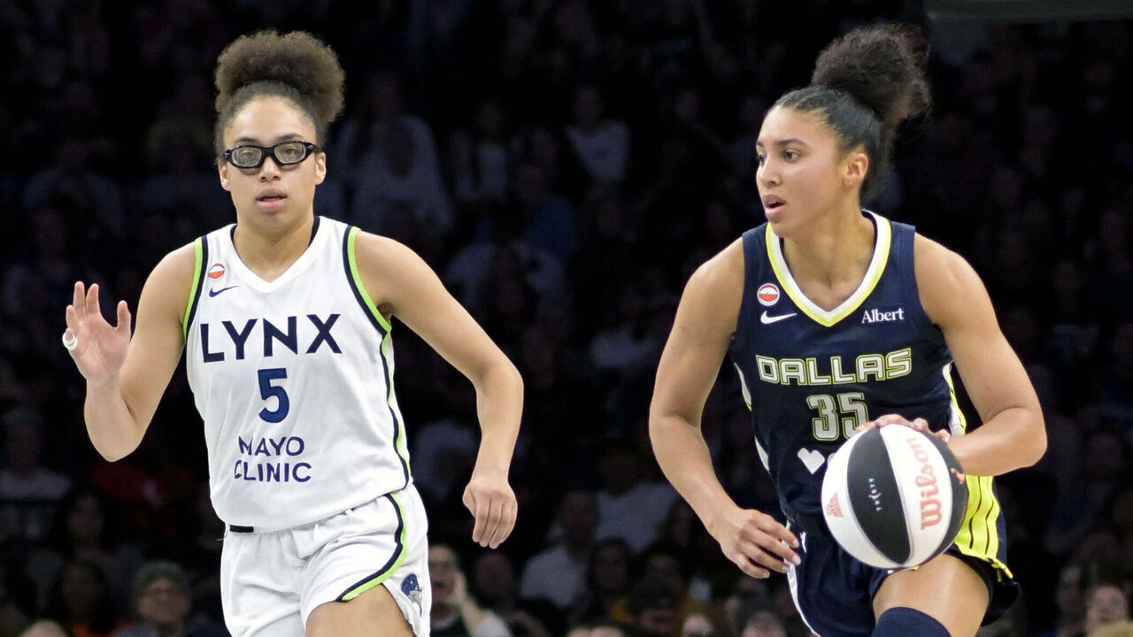 MINNEAPOLIS, MN - JUNE 09: Dallas Wings guard Azzi Fudd (35) brings the ball up -court as Minnesota Lynx guard Olivia Miles (5) gives chase during the second half of a WNBA game between the Minnesota Lynx and Dallas Wings on June 9, 2026, at Target Center in Minneapolis MN.
