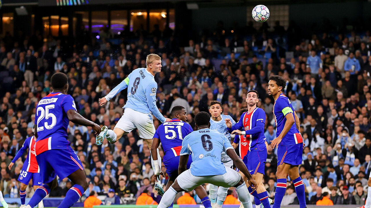 Manchester, United Kingdom - October 14: Erling Haaland of Manchester City scores the team's first goal during the UEFA Champions League 2026/2027 match between Manchester City and Paris Saint-Germain at City of Manchester Stadium on October 14, 2026 in Manchester, United Kingdom.