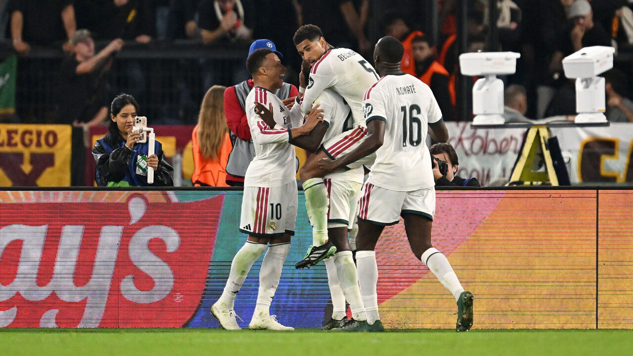 ROME, ITALY - OCTOBER 14: Antonio Rudiger of Real Madrid celebrates scoring his team’s fourth goal with teammates during the UEFA Champions League 2026/27 League Phase MD2 match between AS Roma and Real Madrid C.F. at Stadio Olimpico on October 14, 2026 in Rome, Italy.