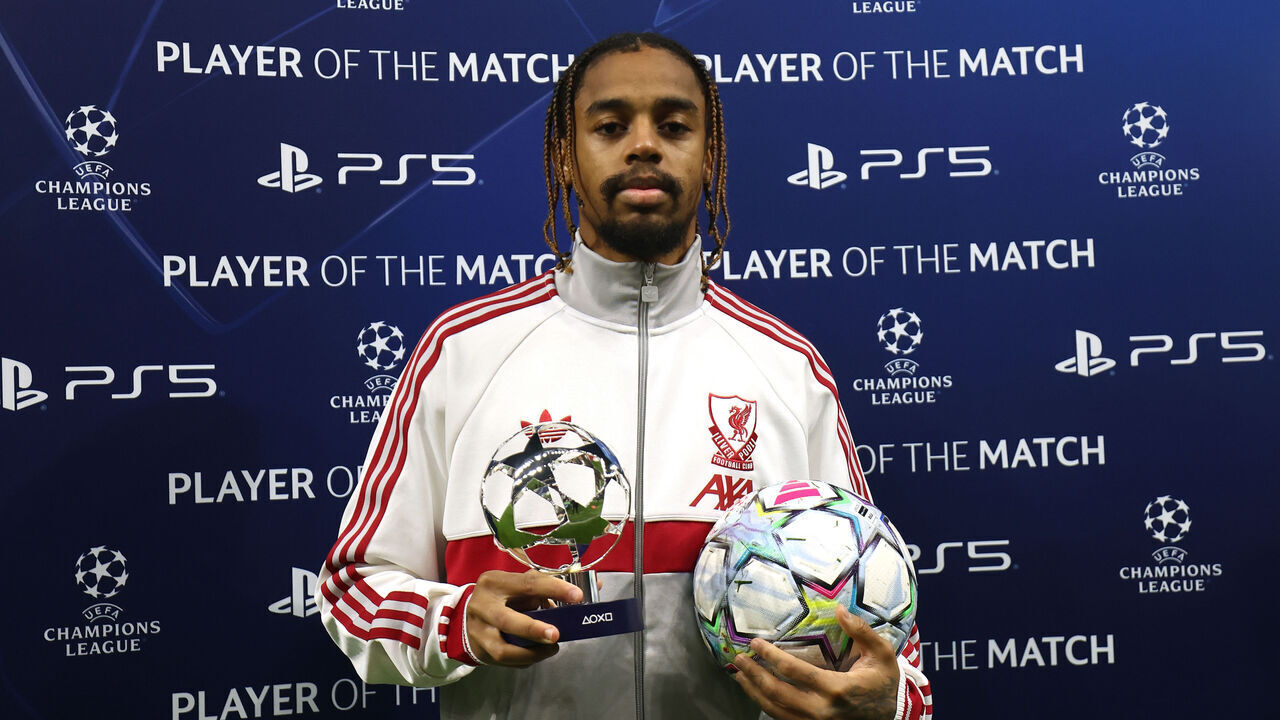 LINZ, AUSTRIA - OCTOBER 14: Bradley Barcola of Liverpool poses for a photo with the PlayStation Player of the Match award and the match ball after his hat-rick following the UEFA Champions League 2026/27 League Phase MD2 match between LASK and Liverpool FC at Oberösterreich Arena on October 14, 2026 in Linz, Austria.