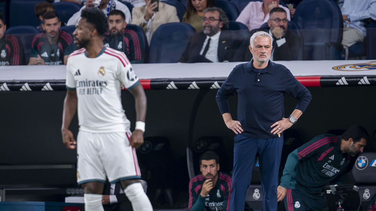 Jose Mourinho (right), head coach of Real Madrid CF, is seen near Vinicius Junior of Real Madrid CF (left) during the LaLiga EA Sports football match between Real Madrid CF and Villarreal CF at Estadio Bernabeu in Madrid, Spain, on October 10, 2026.