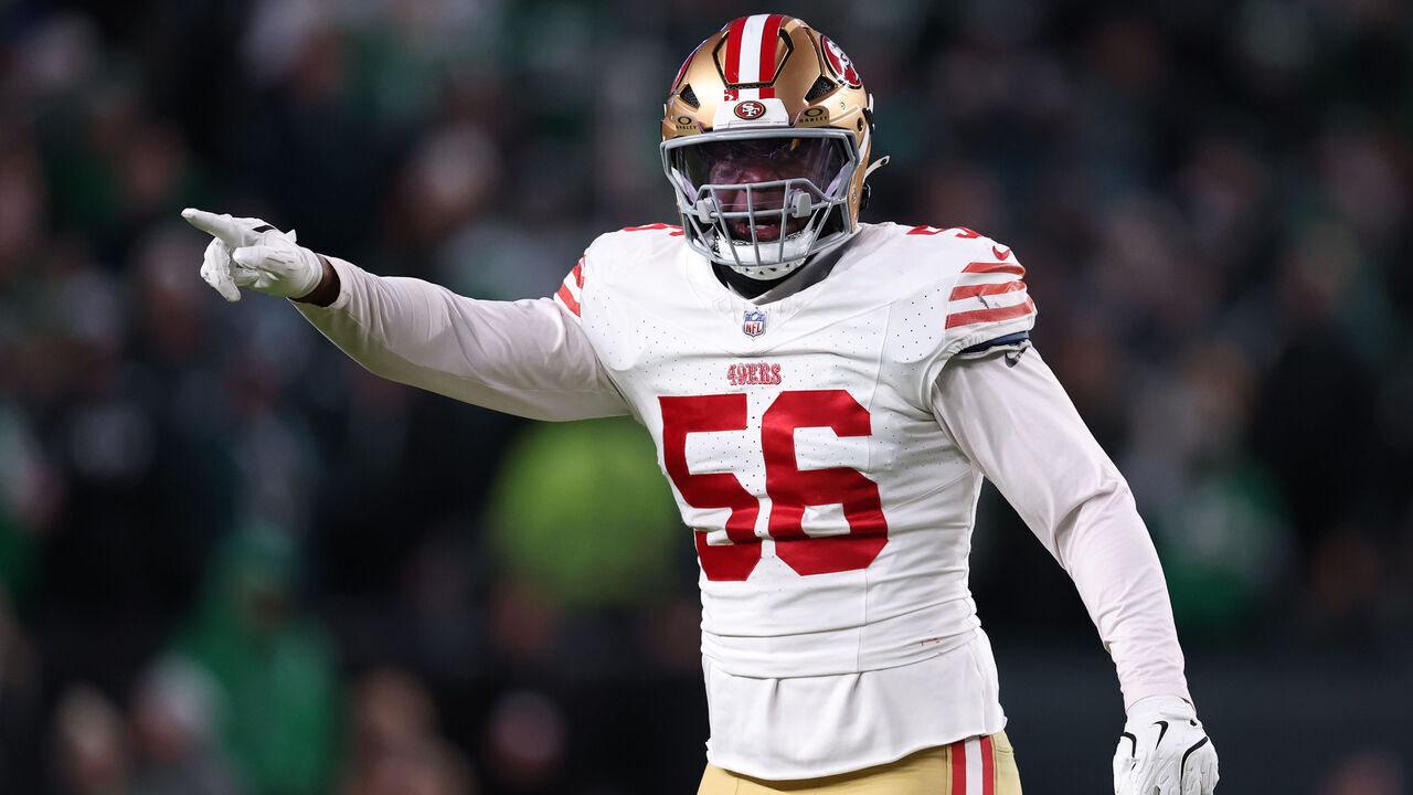 PHILADELPHIA, PENNSYLVANIA - JANUARY 11: Keion White #56 of the San Francisco 49ers celebrates after a play against the Philadelphia Eagles during the first quarter in the NFC Wild Card Playoff game at Lincoln Financial Field on January 11, 2026 in Philadelphia, Pennsylvania.