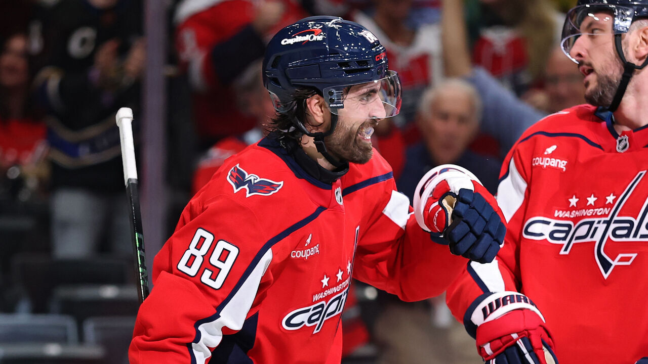 WASHINGTON, DC - OCTOBER 14: Alex Tuch #89 of the Washington Capitals celebrates his goal against the Montreal Canadiens during the second period at Capital One Arena on October 14, 2026 in Washington, DC.