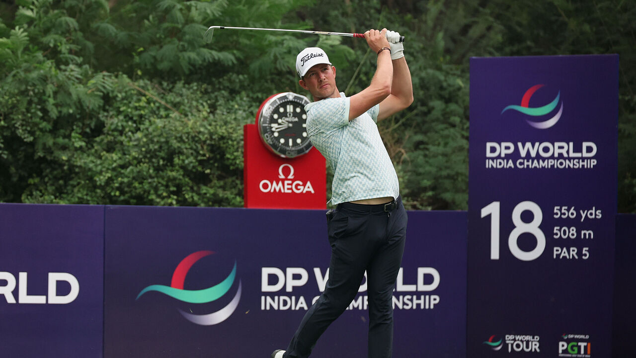 NEW DELHI, INDIA - OCTOBER 15: Niklas Norgaard of Denmark tees off on the 18th hole on day one of the DP World India Championship at Delhi Golf Club on October 15, 2026 in New Delhi, India.