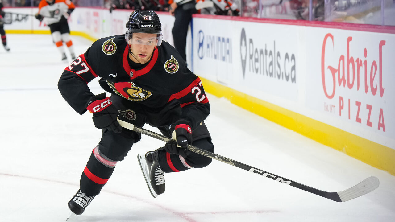 OTTAWA, CANADA - OCTOBER 8: William Eklund #27 of the Ottawa Senators skates against the Philadelphia Flyers on October 8, 2026 at Canadian Tire Centre in Ottawa, Ontario, Canada.