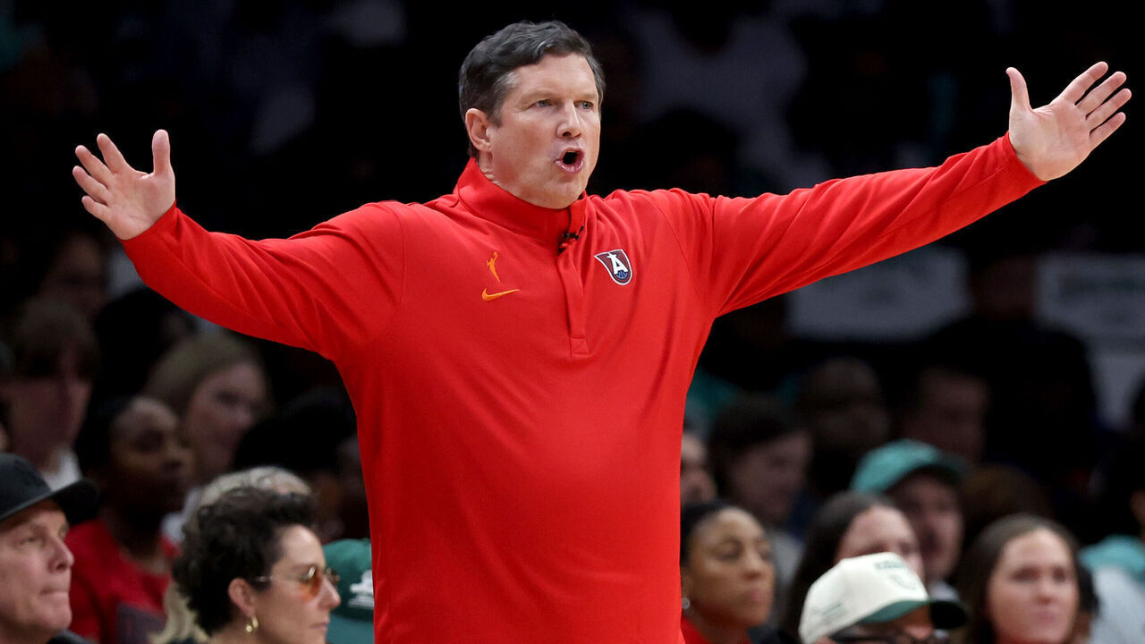 NEW YORK, NEW YORK - OCTOBER 09: Head coach Karl Smesko of the Atlanta Dream reacts during the second quarter of game three of the SemiFinals of the WNBA Playoffs against the New York Liberty at Barclays Center on October 09, 2026 in New York City.