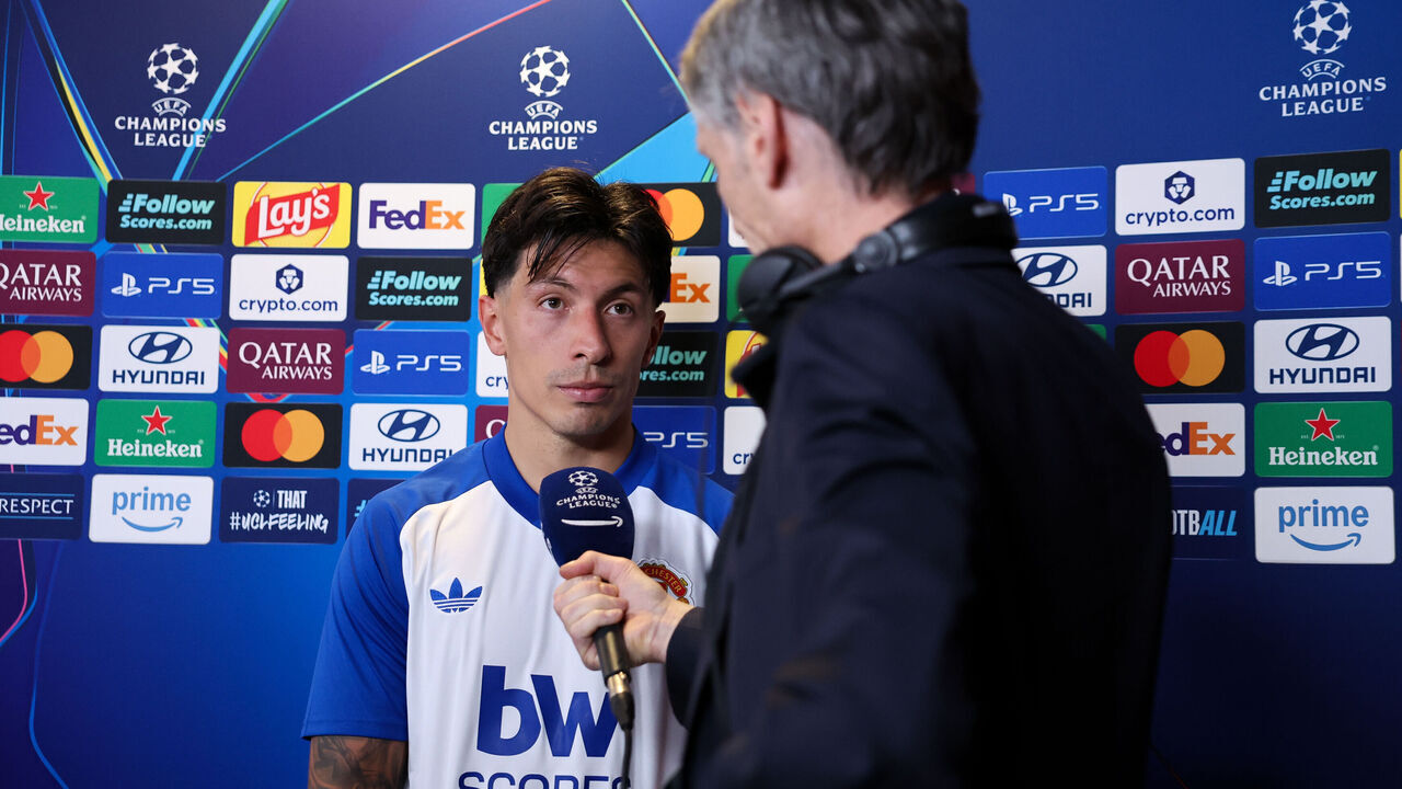 MADRID, SPAIN - OCTOBER 13: Lisandro Martinez of Manchester United speaks with media after the UEFA Champions League 2026/27 League Phase MD2 match between Atletico de Madrid and Manchester United at Estadio Metropolitano on October 13, 2026 in Madrid, Spain.