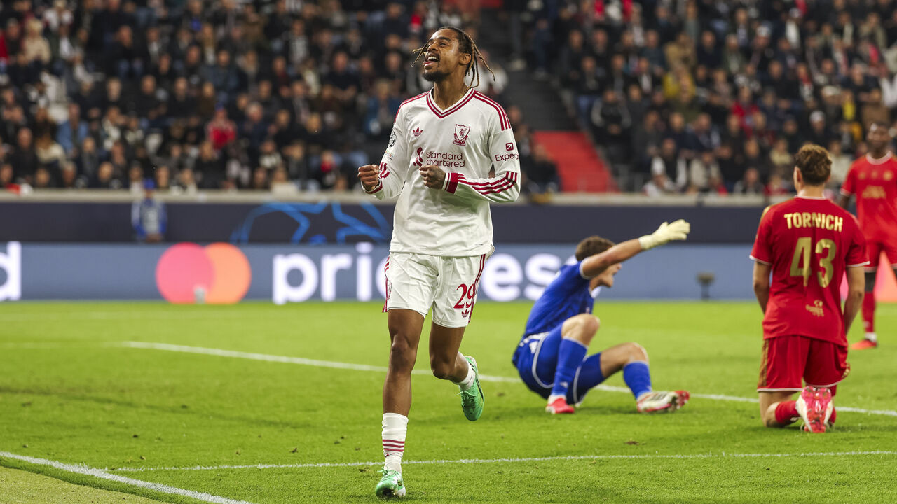 LINZ, AUSTRIA - OCTOBER 14: Bradley Barcola of Liverpool celebrates after scoring their team's third goal and their second during the UEFA Champions League 2026/27 League Phase MD2 match between LASK and Liverpool FC at Oberösterreich Arena on October 14, 2026 in Linz, Austria.