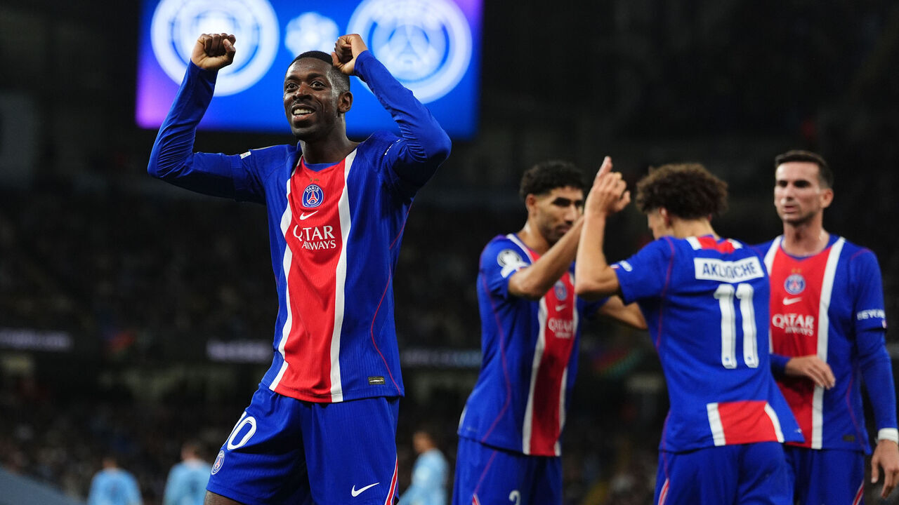 Paris Saint-Germain's Ousmane Dembele celebrates after team-mate Maghnes Akliouche scores their side's fourth goal of the game during the UEFA Champions League, league phase match at the Etihad Stadium, Manchester. Picture date: Wednesday October 14, 2026.