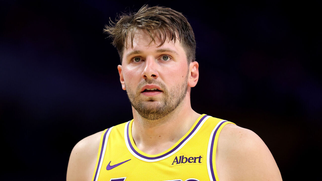 LOS ANGELES, CALIFORNIA - OCTOBER 08: Luka Doncic #77 of the Los Angeles Lakers looks on against the Sacramento Kings in a preseason game at Crypto.com Arena on October 08, 2026 in Los Angeles, California.