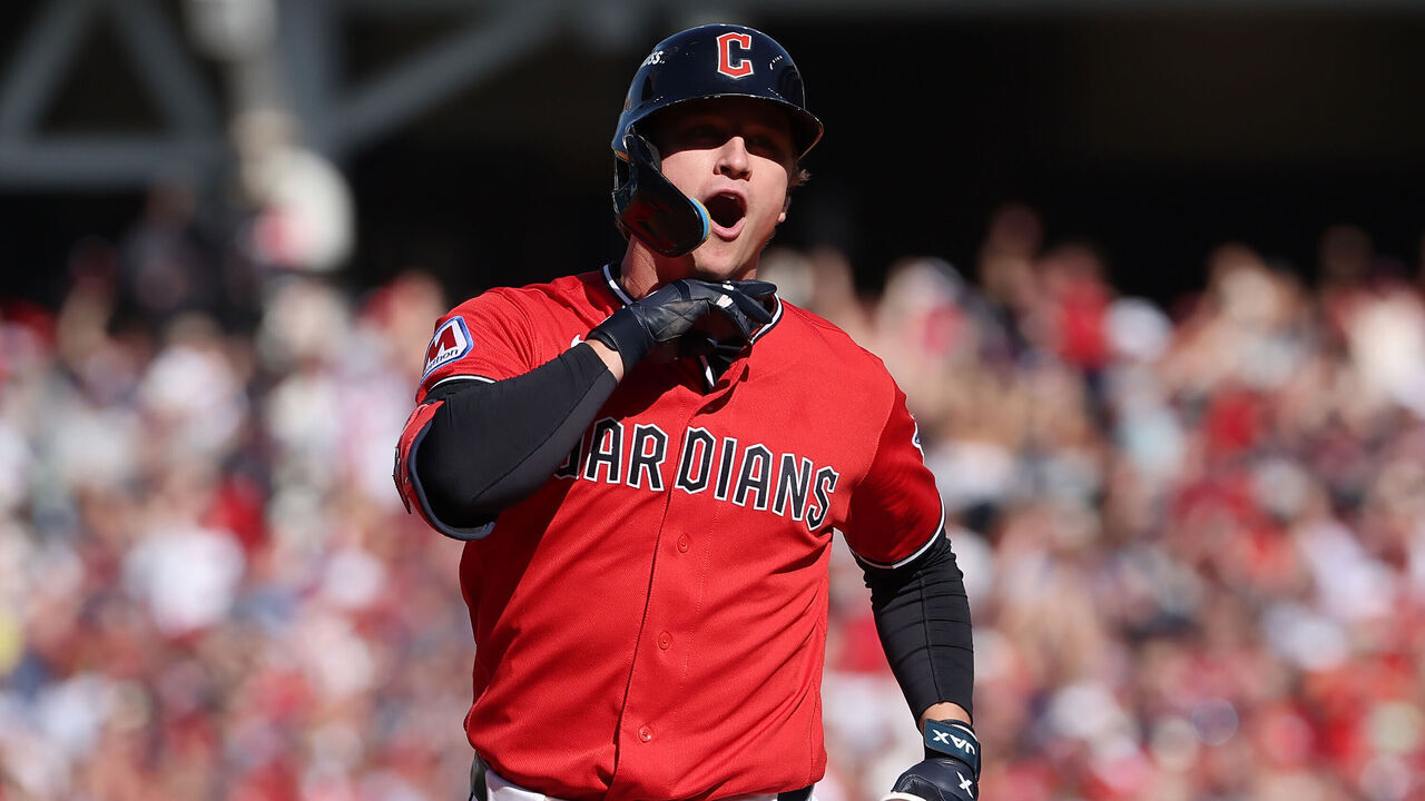 CLEVELAND, OHIO - OCTOBER 15: Petey Halpin #0 of the Cleveland Guardians rounds the bases after hitting a home run in the fifth inning against the Tampa Bay Rays in game three of the American League Championship Series at Progressive Field on October 15, 2026 in Cleveland, Ohio.