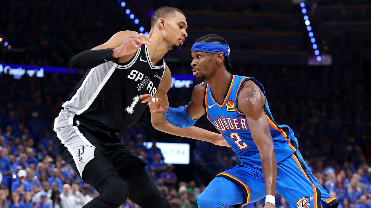 OKLAHOMA CITY, OKLAHOMA - MAY 30: Shai Gilgeous-Alexander #2 of the Oklahoma City Thunder drives to the basket against Victor Wembanyama #1 of the San Antonio Spurs during the third quarter in Game Seven of the NBA Western Conference Finals at Paycom Center on May 30, 2026 in Oklahoma City, Oklahoma.