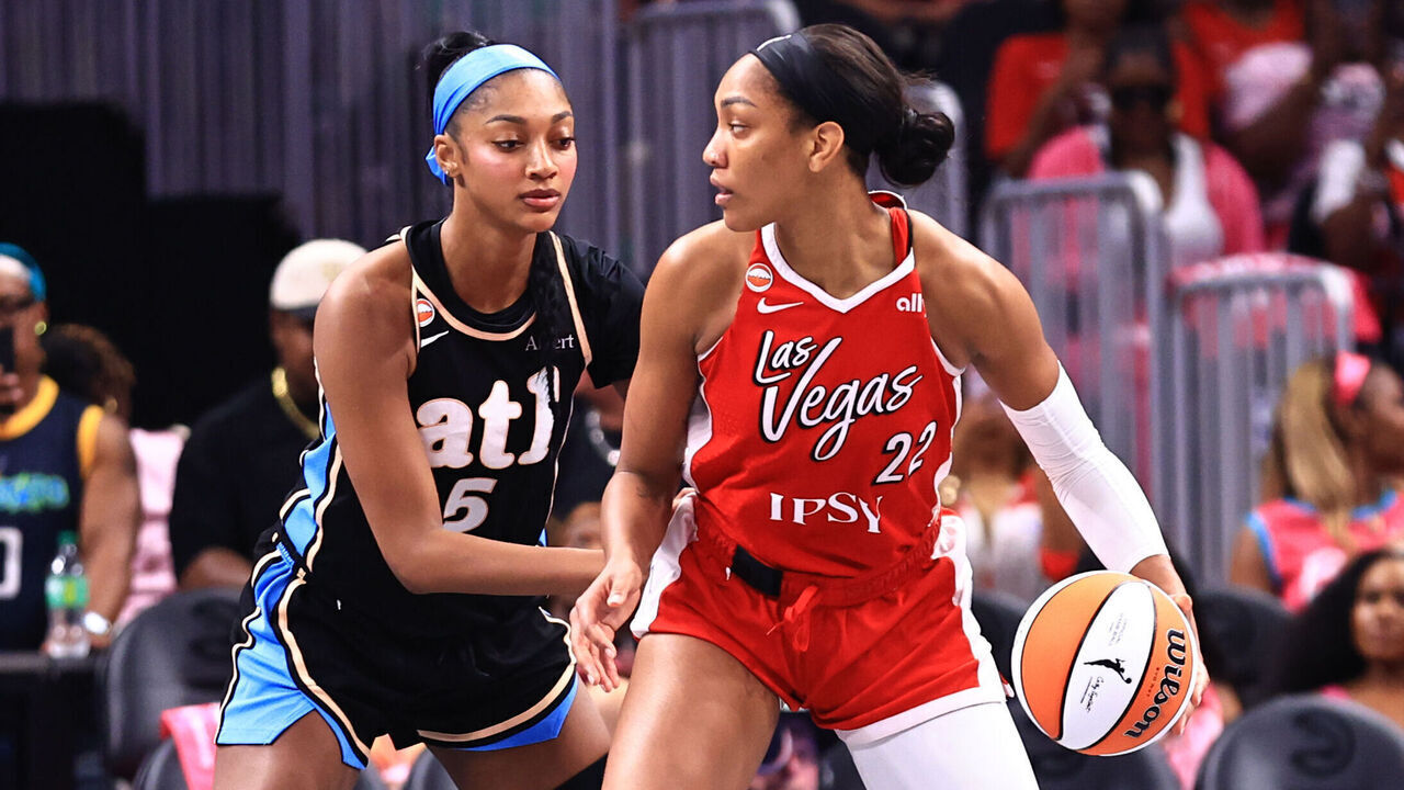ATLANTA, GA - AUGUST 3: Angel Reese #5 of the Atlanta Dream plays defense against A'ja Wilson #22 of the Las Vegas Aces during the game on August 3, 2026 at Gateway Center Arena at College Park in Atlanta, Georgia. Mandatory Copyright Notice: Copyright 2026 NBAE