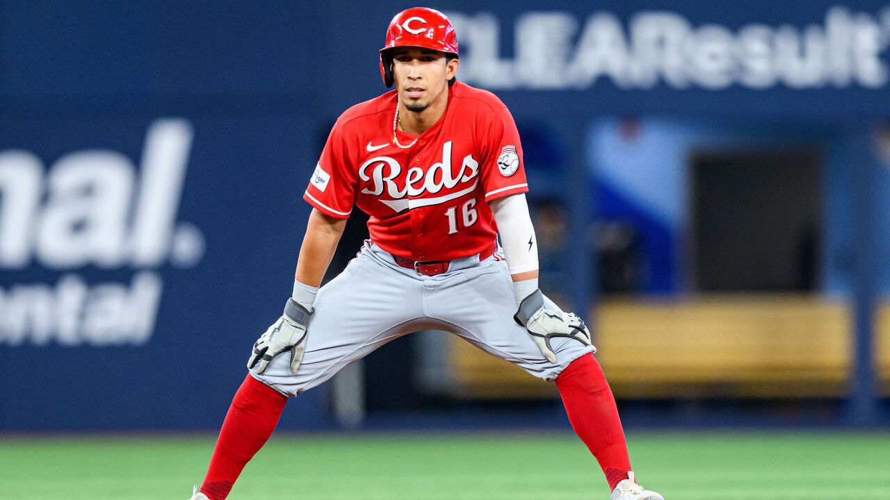TORONTO, ON - SEPTEMBER 25: Cincinnati Reds Infielder Oswaldo Cabrera (16) reacts at second base during the MLB regular season game between the Cincinnati Reds and the Toronto Blue Jays on September 25, 2026, at Rogers Centre in Toronto, ON, Canada.