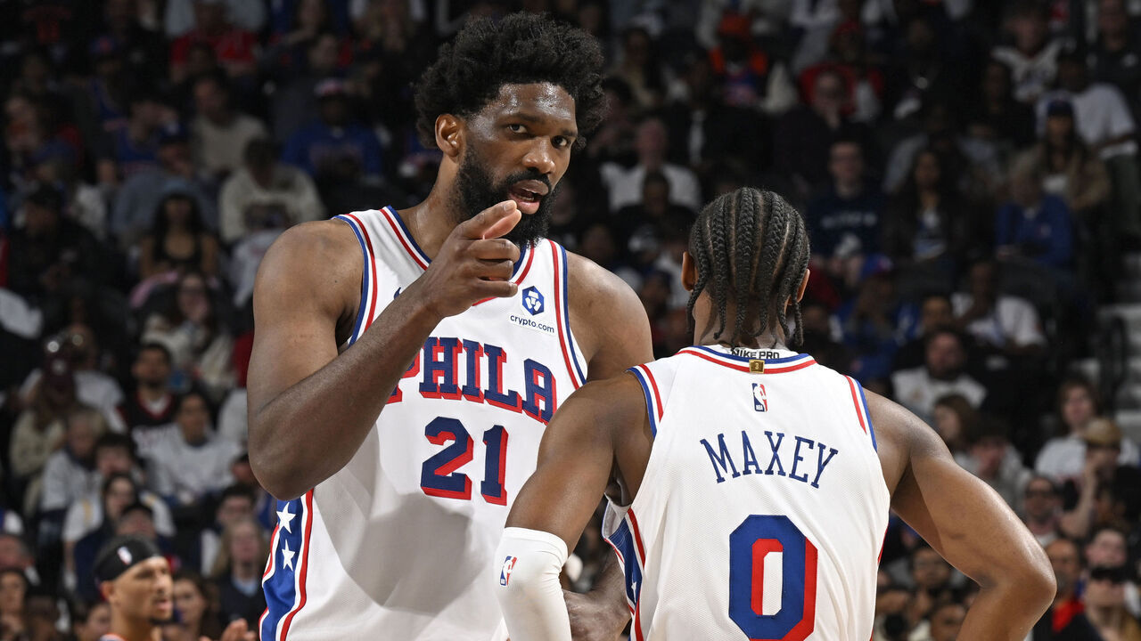 PHILADELPHIA, PA - MAY 8: Joel Embiid #21 and Tyrese Maxey #0 of the Philadelphia 76ers talk during the gameagainst the New York Knicks during Round Two Game Three of the 2026 NBA Playoffs on May 8, 2026 at the Wells Fargo Center in Philadelphia, Pennsylvania NOTE TO USER: User expressly acknowledges and agrees that, by downloading and/or using this Photograph, user is consenting to the terms and conditions of the Getty Images License Agreement. Mandatory Copyright Notice: Copyright 2026 NBAE