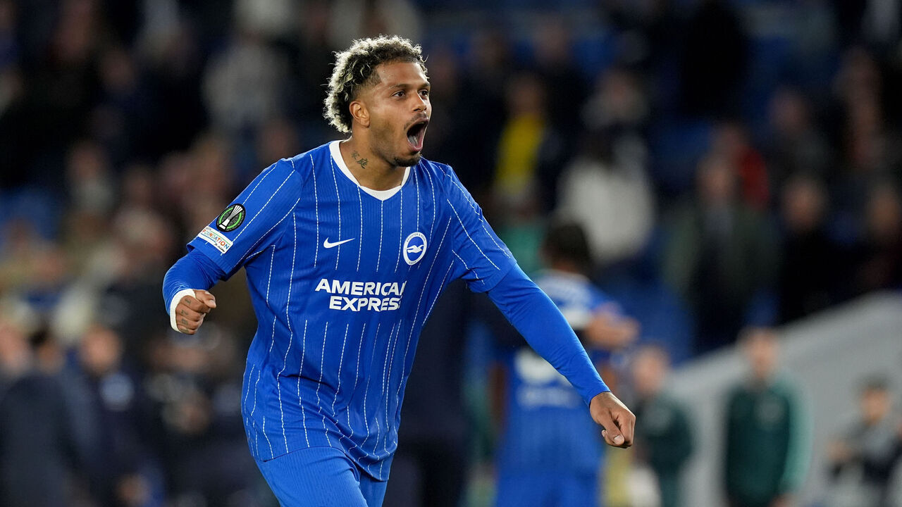 Brighton and Hove Albion's Georginio Rutter celebrates after the UEFA Conference League, league phase match at the American Express Stadium, Brighton. Picture date: Thursday October 15, 2026.