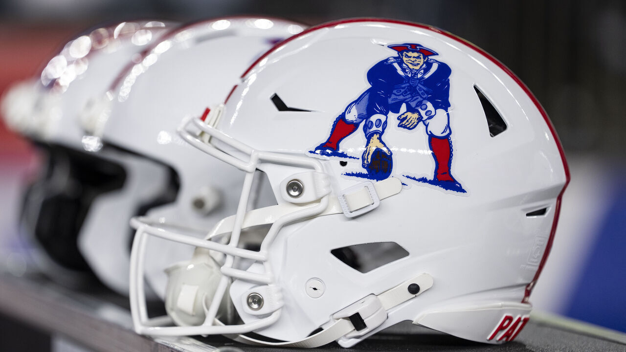 FOXBOROUGH, MASSACHUSETTS - DECEMBER 1: A detailed view of a New England Patriots helmet on the sideline prior to an NFL football game against the New York Giants at Gillette Stadium on December 01, 2025 in Foxborough, Massachusetts.