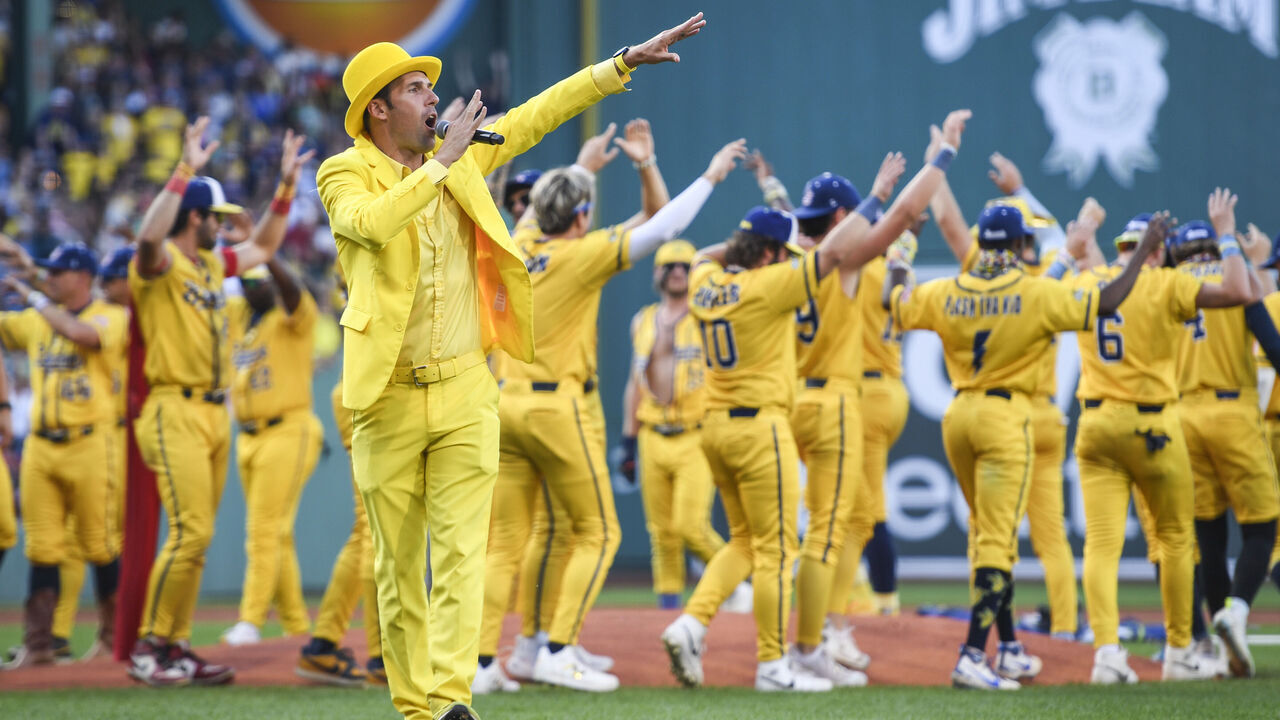 BOSTON, MASSACHUSETTS - JULY 05: The Savannah Bananas team owner Jesse Cole makes introductions prior to a game between the Savannah Bananas and The Firefighters at Fenway Park on July 05, 2025 in Boston, Massachusetts.