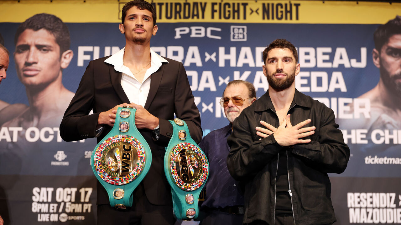 LAS VEGAS, NEVADA - OCTOBER 15: Sebastian Fundora (L) and Ermal Hadribeaj (R) face the media prior to their WBC Welterweight bout at The Chelsea at The Cosmopolitan of Las Vegas on October 15, 2026 in Las Vegas, Nevada.