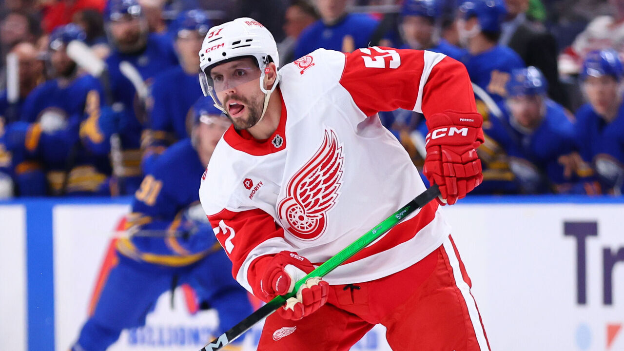 BUFFALO, NEW YORK - MARCH 27: David Perron #57 of the Detroit Red Wings skates against the Buffalo Sabres during an NHL game on March 27, 2026 at KeyBank Center in Buffalo, New York.