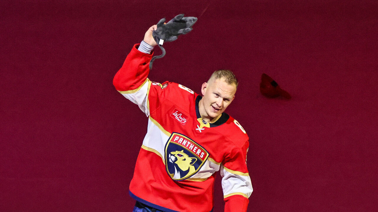 SUNRISE, FL - OCTOBER 15: Florida Panthers left wing Brady Tkachuk (8) celebrates his game winning goal in overtime after a NHL game between the Vancouver Canucks and the Florida Panthers on October 15, 2026 at Amerant Bank Arena in Sunrise, FL..