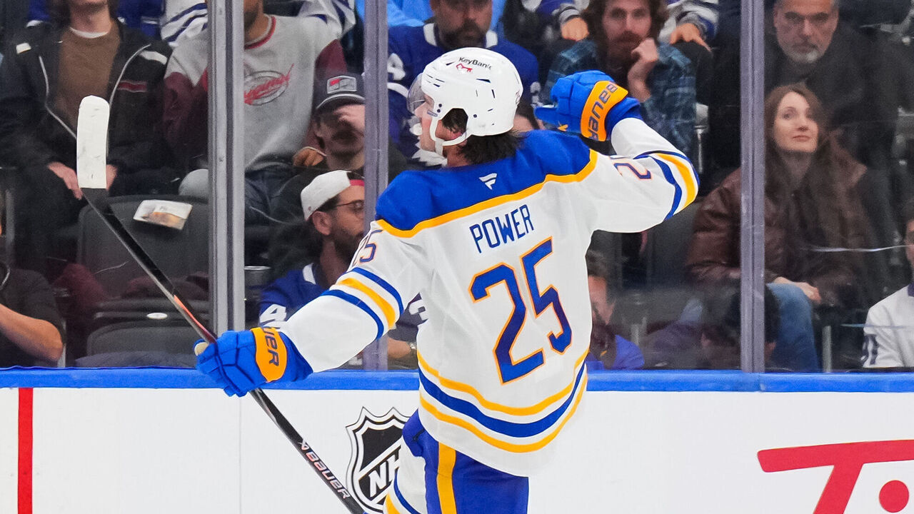 TORONTO, CANADA - OCTOBER 15: Owen Power #25 of the Buffalo Sabres celebrates his overtime game-winning goal against the Toronto Maple Leafs at Scotiabank Arena on October 15, 2026 in Toronto, Ontario, Canada.