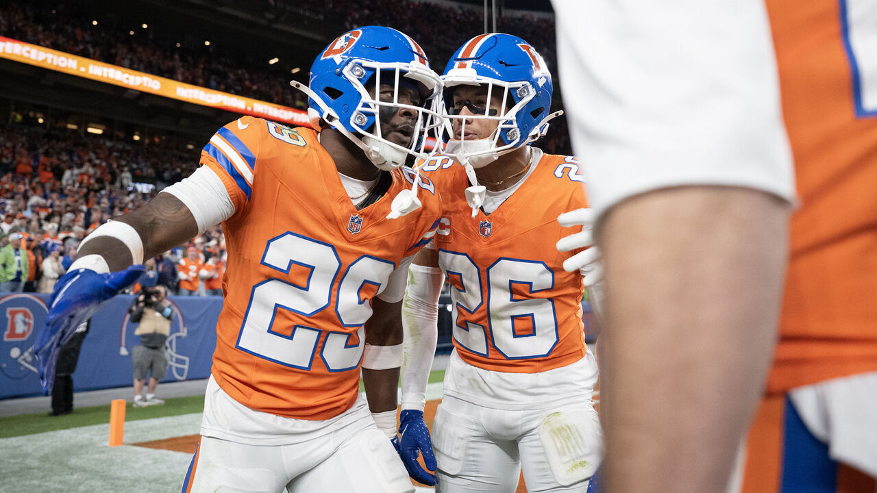 DENVER, CO - OCTOBER 15: Cornerback Ja'quan McMillian (29) of the Denver Broncos celebrates his interception of quarterback Sam Darnold (14) of the Seattle Seahawks during overtime of a 17-14 Broncos win on Thursday, Oct. 15, 2026, at Empower Field at Mile High in Denver, Colo.