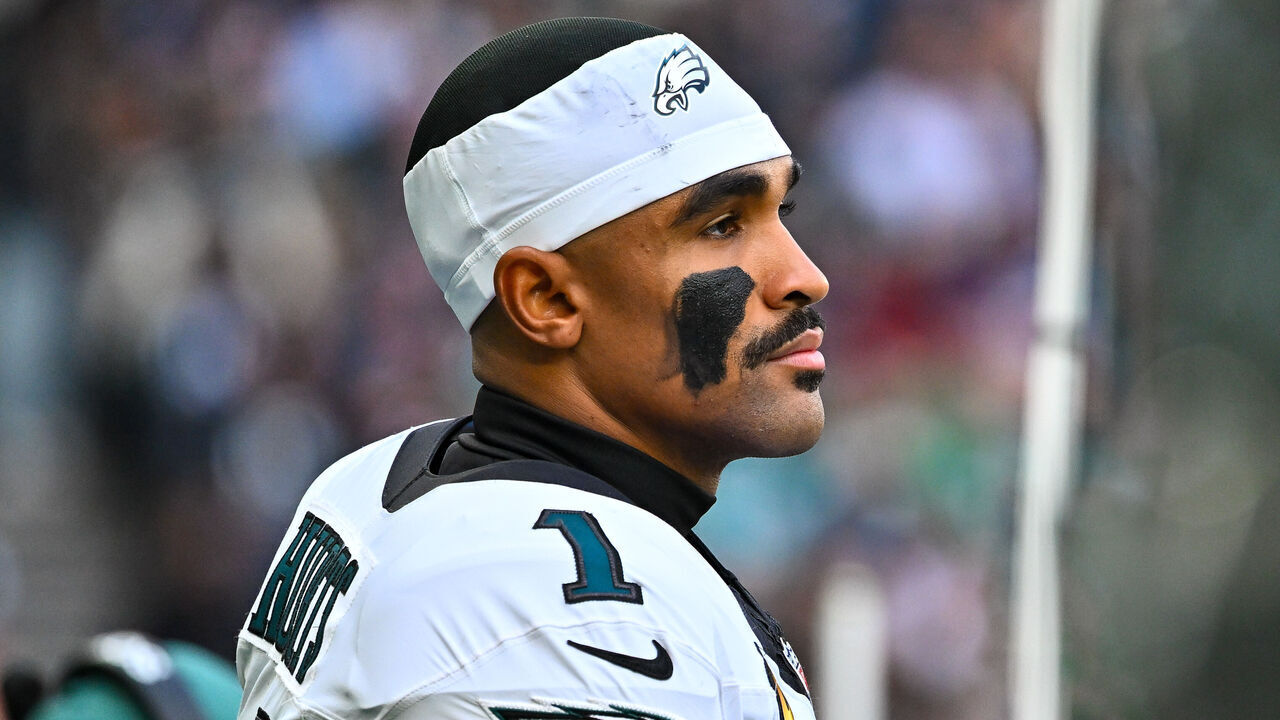 London, United Kingdom - October 11: Jalen Hurts of Philadelphia Eagles looks on during the NFL match between Philadelphia Eagles and Jacksonville Jaguars at Tottenham Hotspur Stadium on October 11, 2026 in London, United Kingdom.