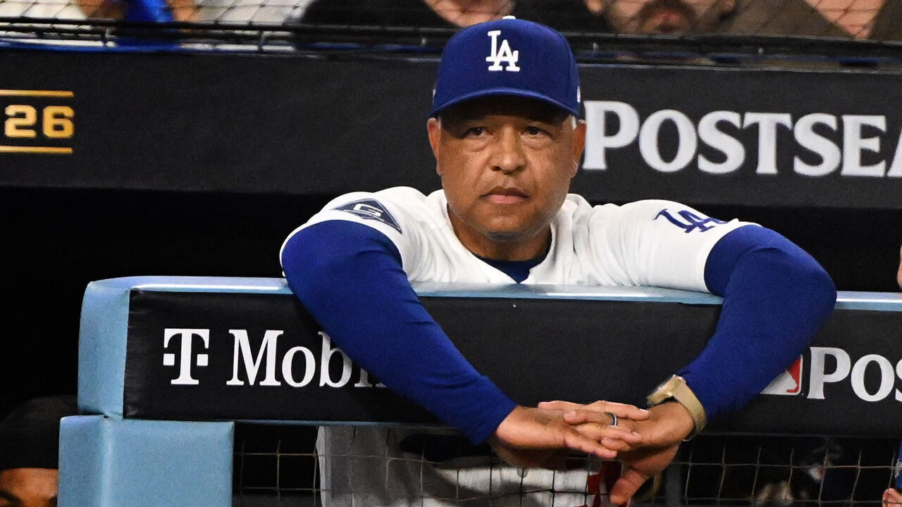 Los Angeles, - October 15: Manager Dave Roberts of the Los Angeles Dodgerslook on in the ninth inning as the Milwaukee Brewers defeated the Dodgers 6-4 to win Game 4 of a NLCS playoff baseball game and advance to the World Series at Dodger Stadium in Los Angeles on Thursday, October 15, 2026.