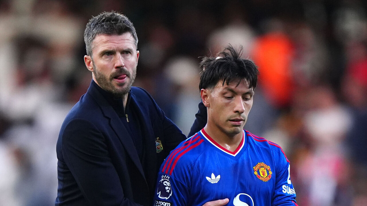 Manchester United manager Michael Carrick with Lisandro Martinez following the Premier League match at Craven Cottage, London. Picture date: Sunday September 20, 2026.