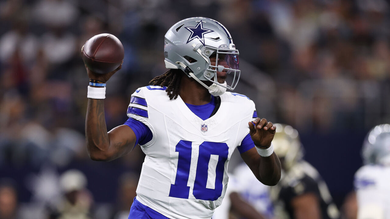 ARLINGTON, TEXAS - AUGUST 28: Joe Milton III #10 of the Dallas Cowboys looks to pass during the first half of the 2026 NFL preseason game against the New Orleans Saints at AT&T Stadium on August 28, 2026 in Arlington, Texas.