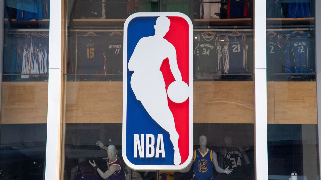 NEW YORK, NY - MAY 31: The NBA logo on May 31, 2026, outside the NBA Store in New York, NY.