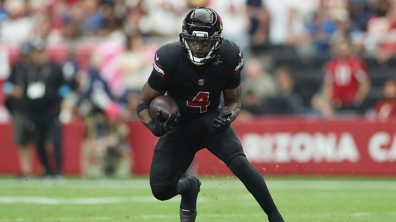 GLENDALE, ARIZONA - OCTOBER 11: Jeremiyah Love #4 of the Arizona Cardinals rushes the football against the Detroit Lions during the NFL game at State Farm Stadium on October 11, 2026 in Glendale, Arizona. The Lions defeated the Cardinals 45-21.