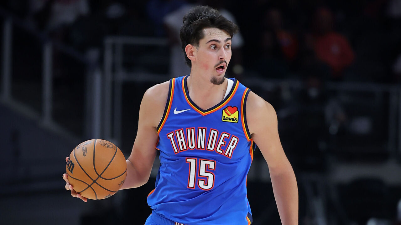 ATLANTA, GEORGIA - OCTOBER 12: Aday Mara #15 of the Oklahoma City Thunder drives with the ball against the Atlanta Hawks during a game at State Farm Arena on October 12, 2026 in Atlanta, Georgia.