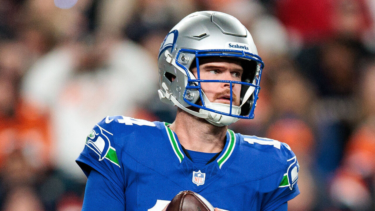 DENVER, COLORADO - OCTOBER 15: Sam Darnold #14 of the Seattle Seahawks looks to pass during the game against the Denver Broncos at Empower Field At Mile High on October 15, 2026 in Denver, Colorado.