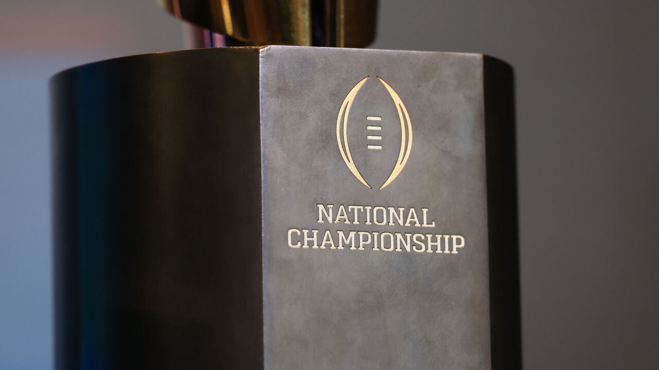 CHICAGO, ILLINOIS - JULY 29: A detailed view of the College Football Playoff National Championship Trophy during the 2026 Big Ten Football Media Days at Hilton Chicago on July 29, 2026 in Chicago, Illinois.
