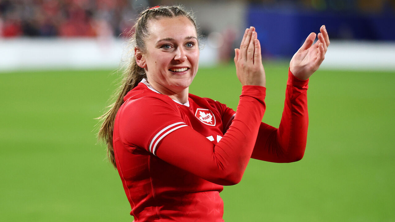 TORONTO, ON - OCTOBER 16: Savannah Bauder #15 of Canada celebrates the win after a WXV Global Series match against England at BMO Field on October 16th, 2026 in Toronto, Ontario, Canada.