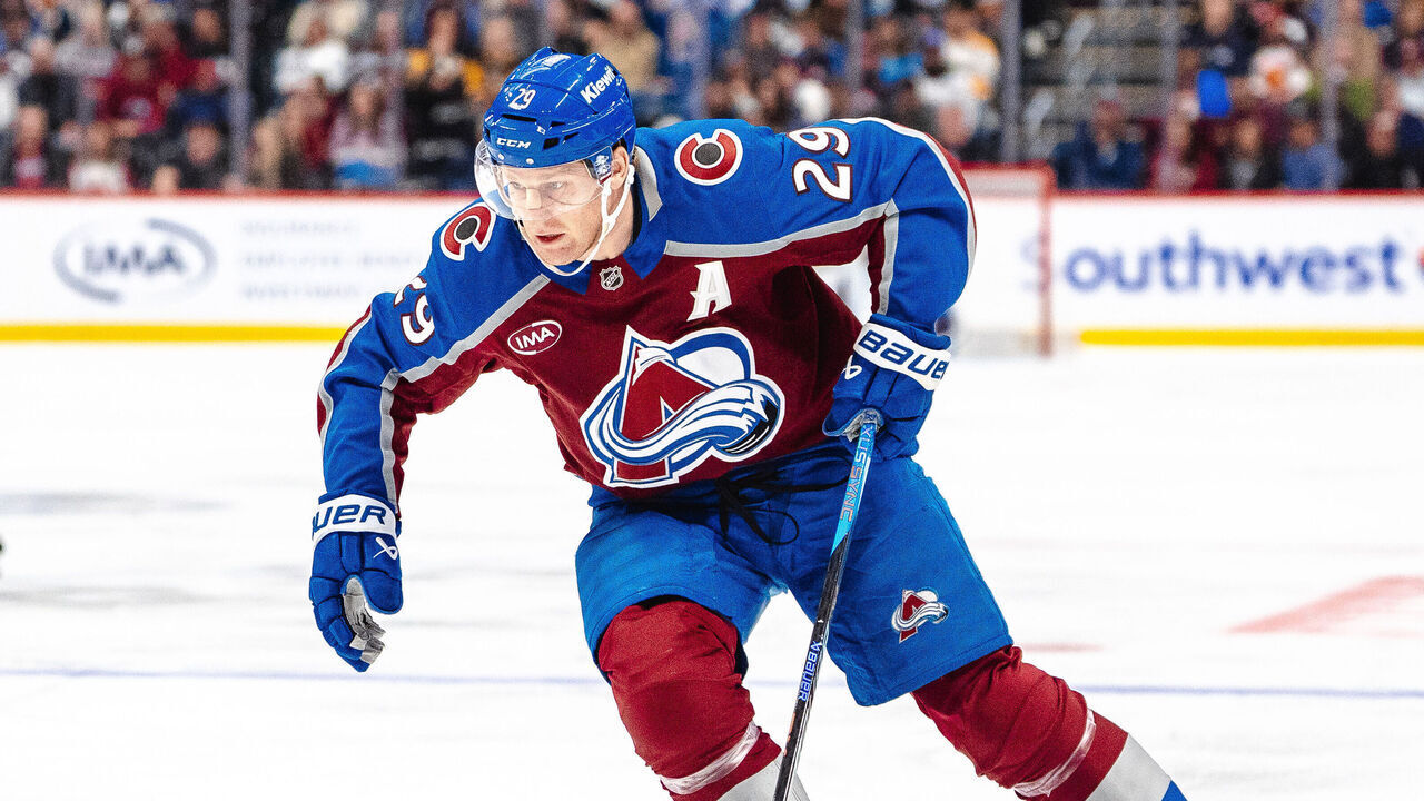 DENVER, COLORADO - OCTOBER 16: Nathan MacKinnon #29 of the Colorado Avalanche skates with the puck during the third period against the Pittsburgh Penguins at Ball Arena on October 16, 2026 in Denver, Colorado