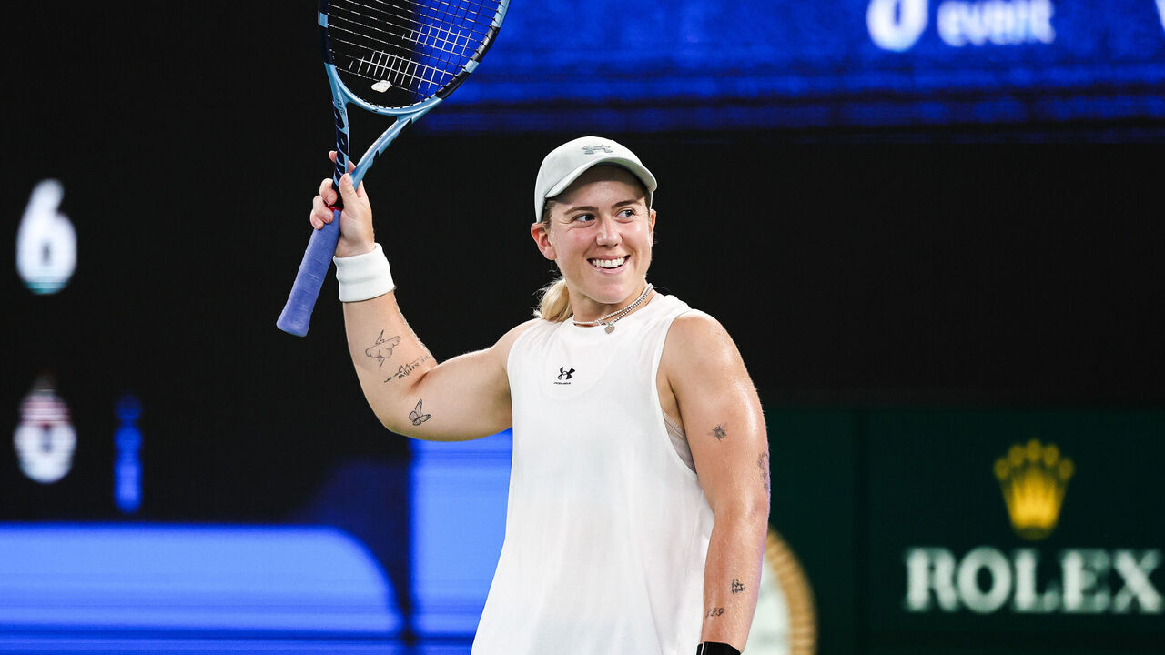WUHAN, CHINA - OCTOBER 17: Sonay Kartal of the United Kingdom celebrates after win the game against Jelena Ostapenko of Latvia during the Ladies Singles Semi Final Match on day six of Wuhan Open at Optics Valley International Tennis Center on October 17, 2026 in Wuhan, China.