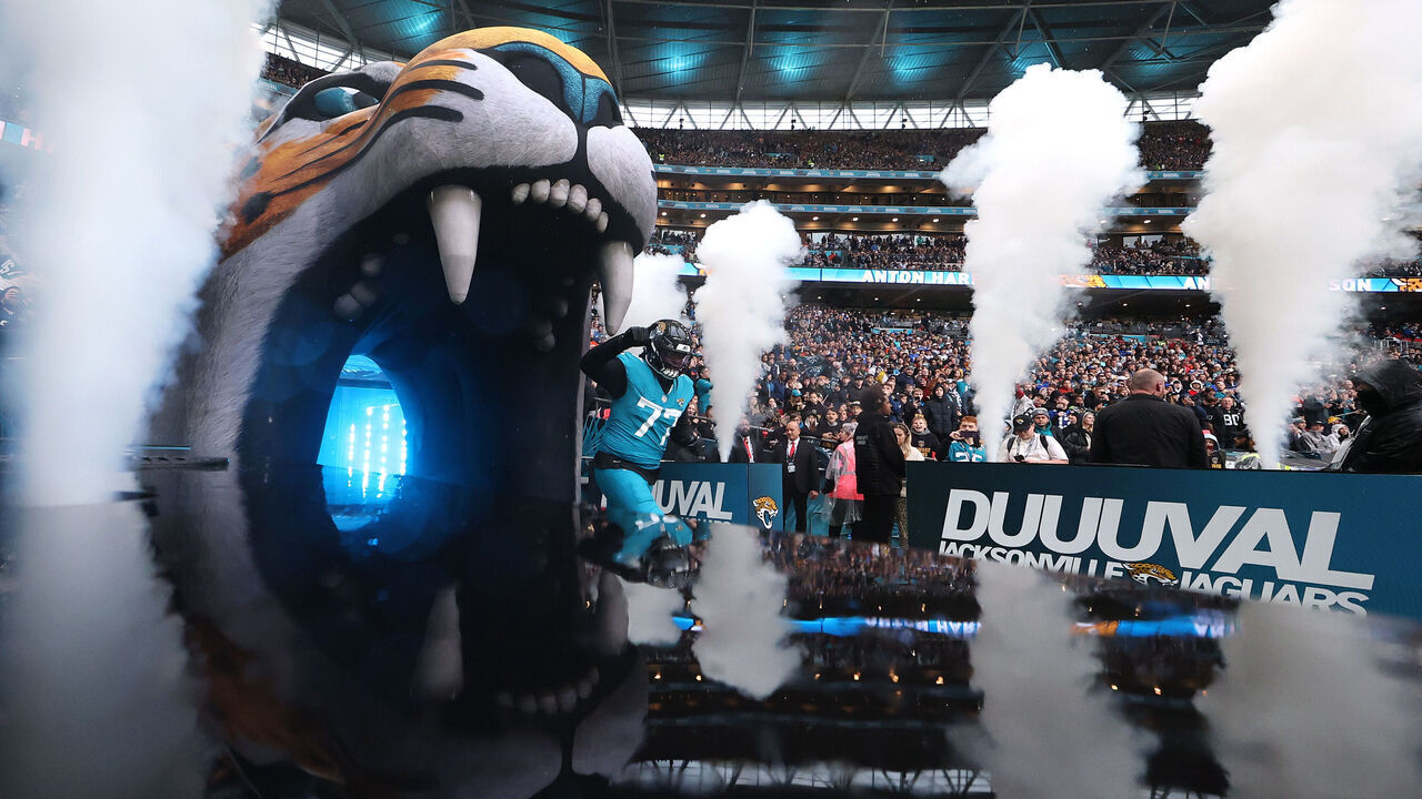 LONDON, ENGLAND - OCTOBER 19: Anton Harrison of The Jaguars enters the field during the NFL 2025 game between Los Angeles Rams and Jacksonville Jaguars at Wembley Stadium on October 19, 2025 in London, England.""