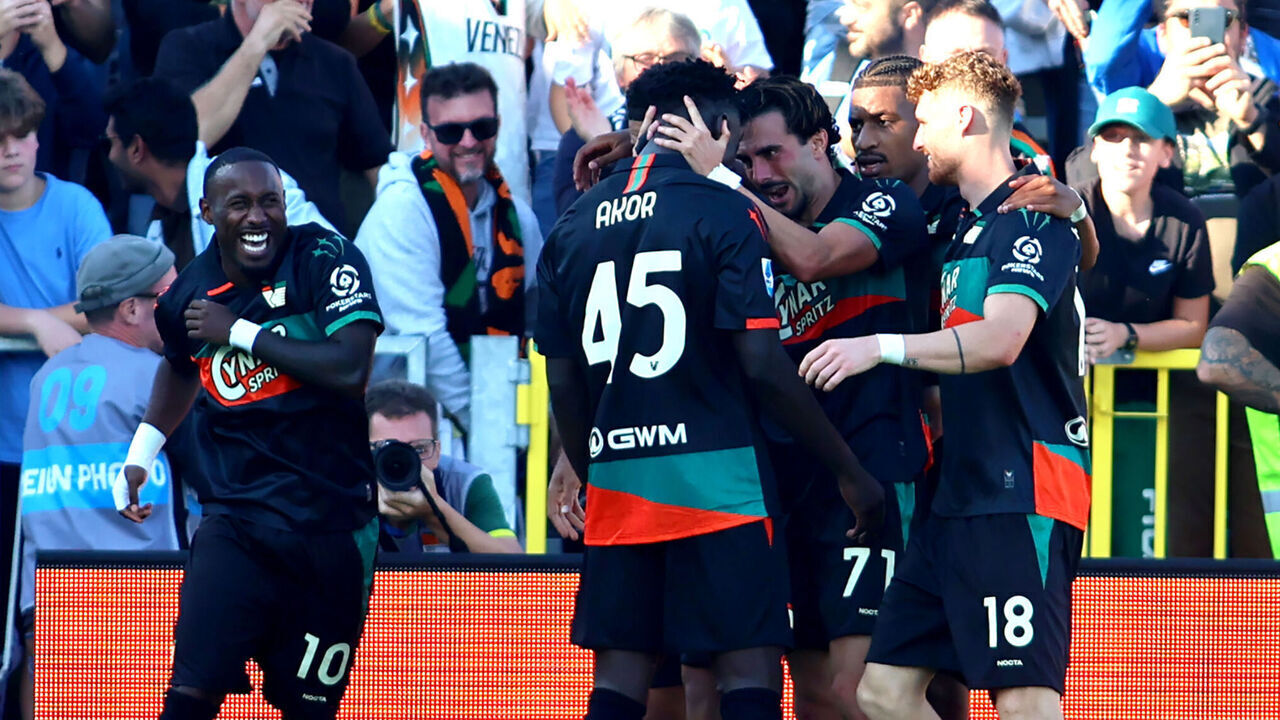 VENICE, ITALY - OCTOBER 17: Akor Adams of Venezia FC celebrates the opening goal during the Serie A match between Venezia FC and SSC Napoli at Stadio Pier Luigi Penzo on October 17, 2026 in Venice, Italy.